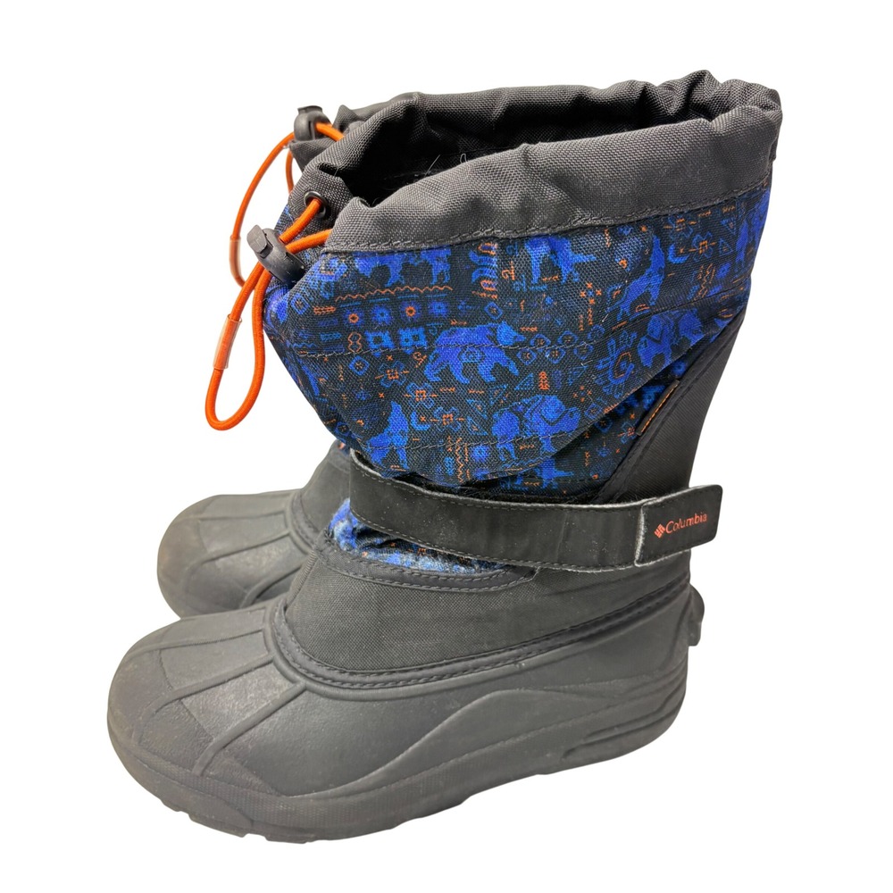 Columbia Snow Boots Big Kids Size 4 Black Blue Bear Print Waterproof Winter